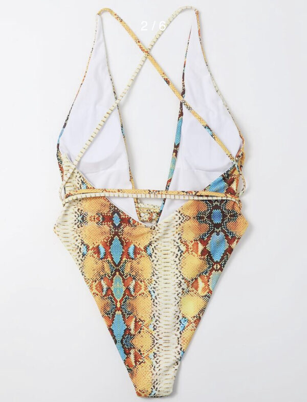 Snakeskin Print Plunge Neck One Piece Swimsuit - Image 5